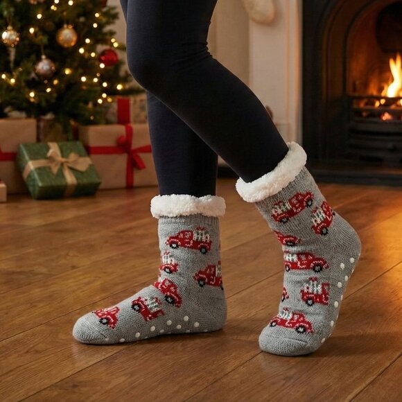 Maurices Gray Teddy Socks with Red Truck Pattern - Picture 1 of 8